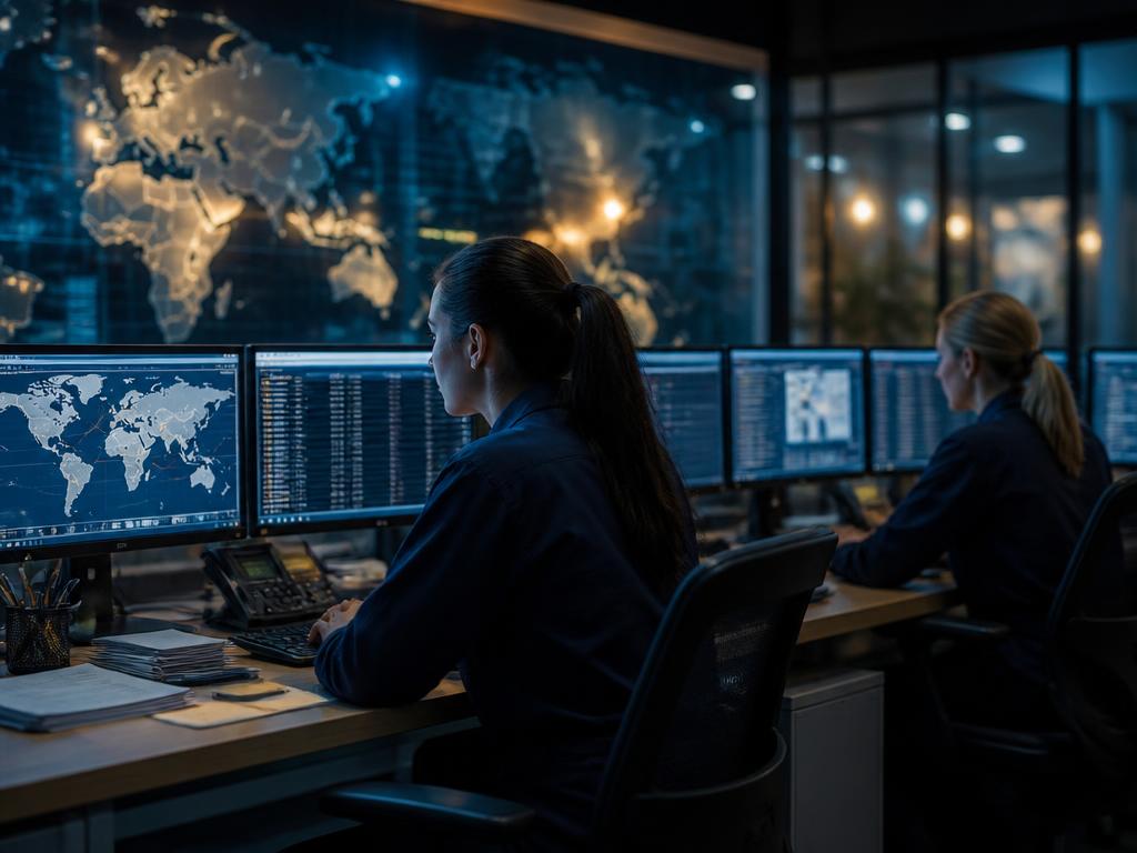 Logistics planners monitoring shipments on screens at the operations desk